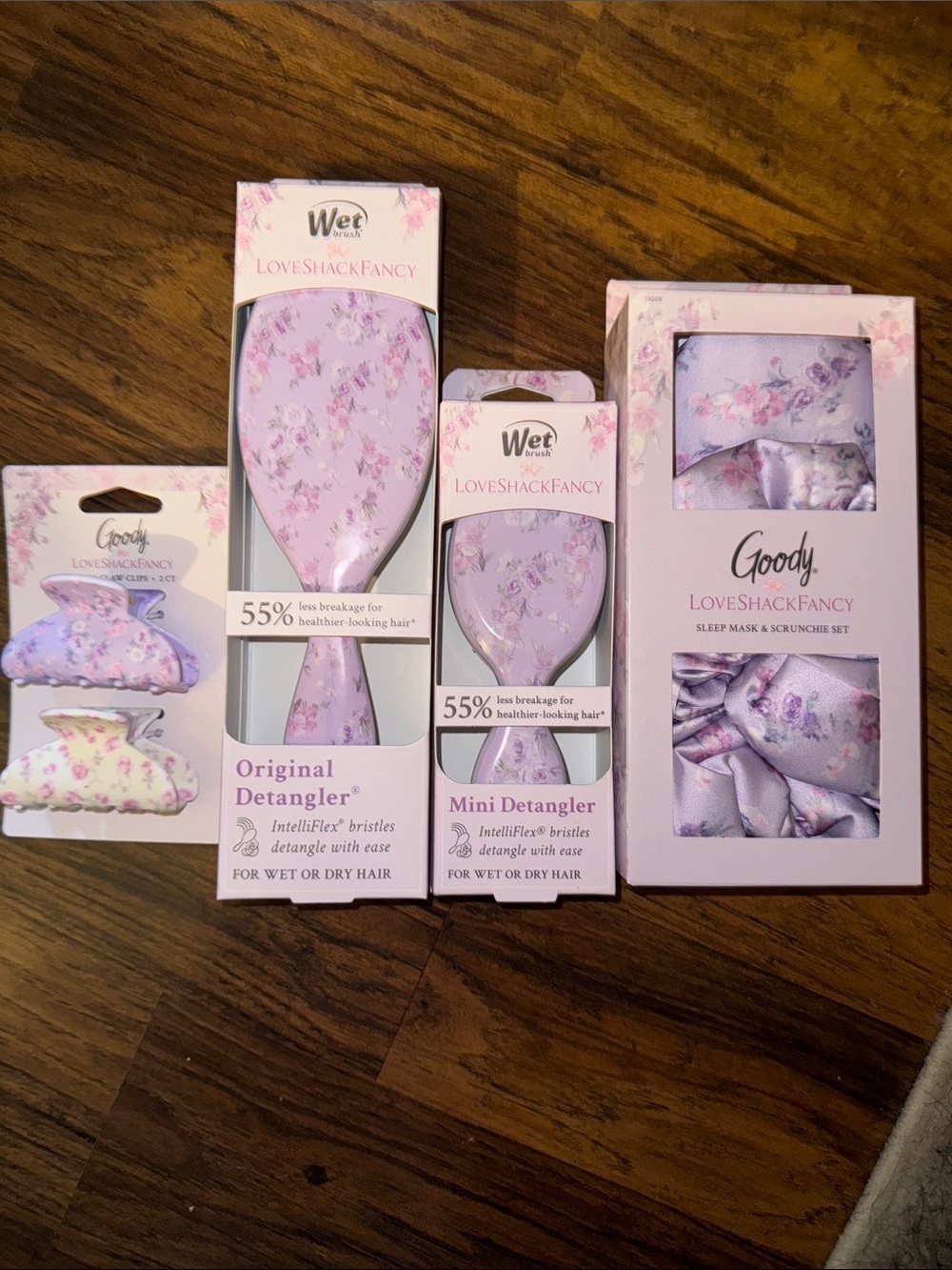 LoveShackFancy Lavender Floral Detangler, Mini Detangler, Mask Set and Hair Clip